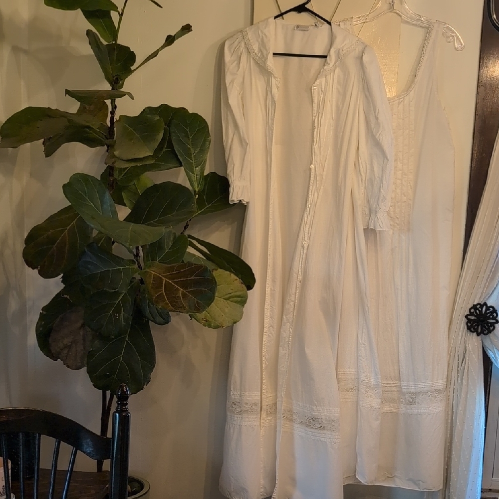Vintage Barad & Co White Cotton Nightgown & Robe Long Victorian Sz. Large